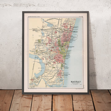 Alte Karte von Madras (Chennai), 1893: Stadtzentrum, Fort St. George, Marina Beach, Mylapore-Tempel 