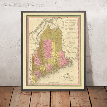 Vecchia mappa del Maine di HS Tanner, 1840: Portland, Augusta, Bangor e Monte Katahdin 