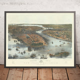 Antiguo mapa a vista de pájaro de Nueva York y Brooklyn por Bachmann, 1851: Central Park, The Battery, Brooklyn, East River, Hudson River