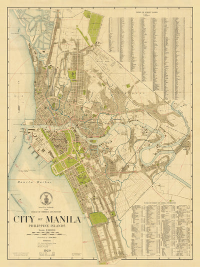 Alte Karte von Manila, Philippinen von John Bach, 1920: Intramuros, Ermita, Malate, Quiapo, Fluss Pasig, Tondo