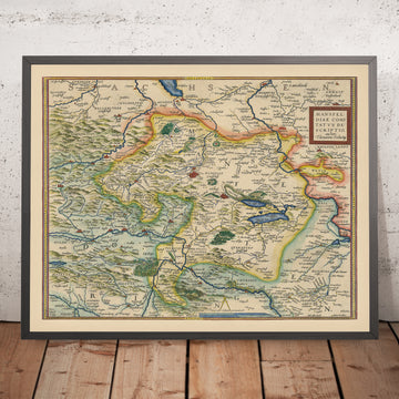 Alte Karte des Mansfelder Landes, Deutschland von Ortelius, 1575: Mansfeld-Südharz, Halle, Salsa-Fluss, Helm-Fluss 