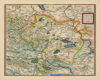 Mapa antiguo de Mansfeld de Ortelius, 1575: Mansfeld, Halle, río Salsa, río Helm, cartuchos ornamentados