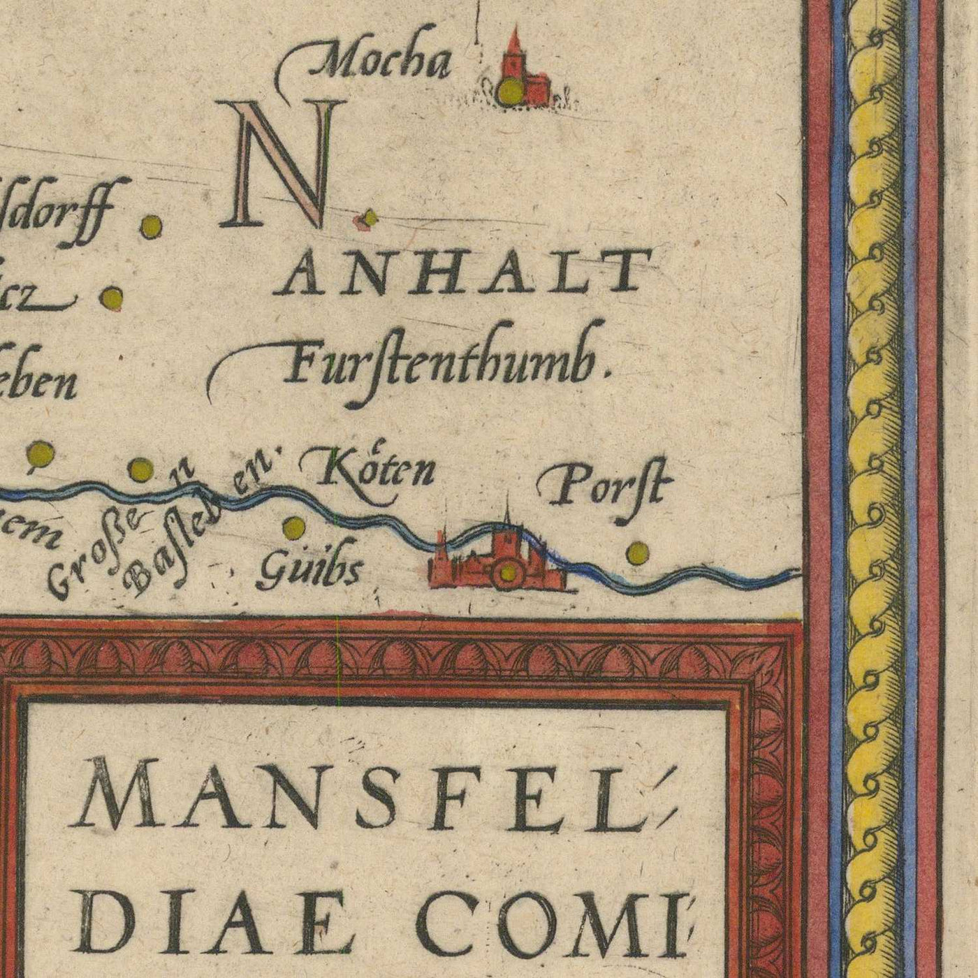 Carte ancienne de Mansfeld par Ortelius, 1575 : Mansfeld, Halle, rivière Salsa, rivière Helm, cartouches ornés