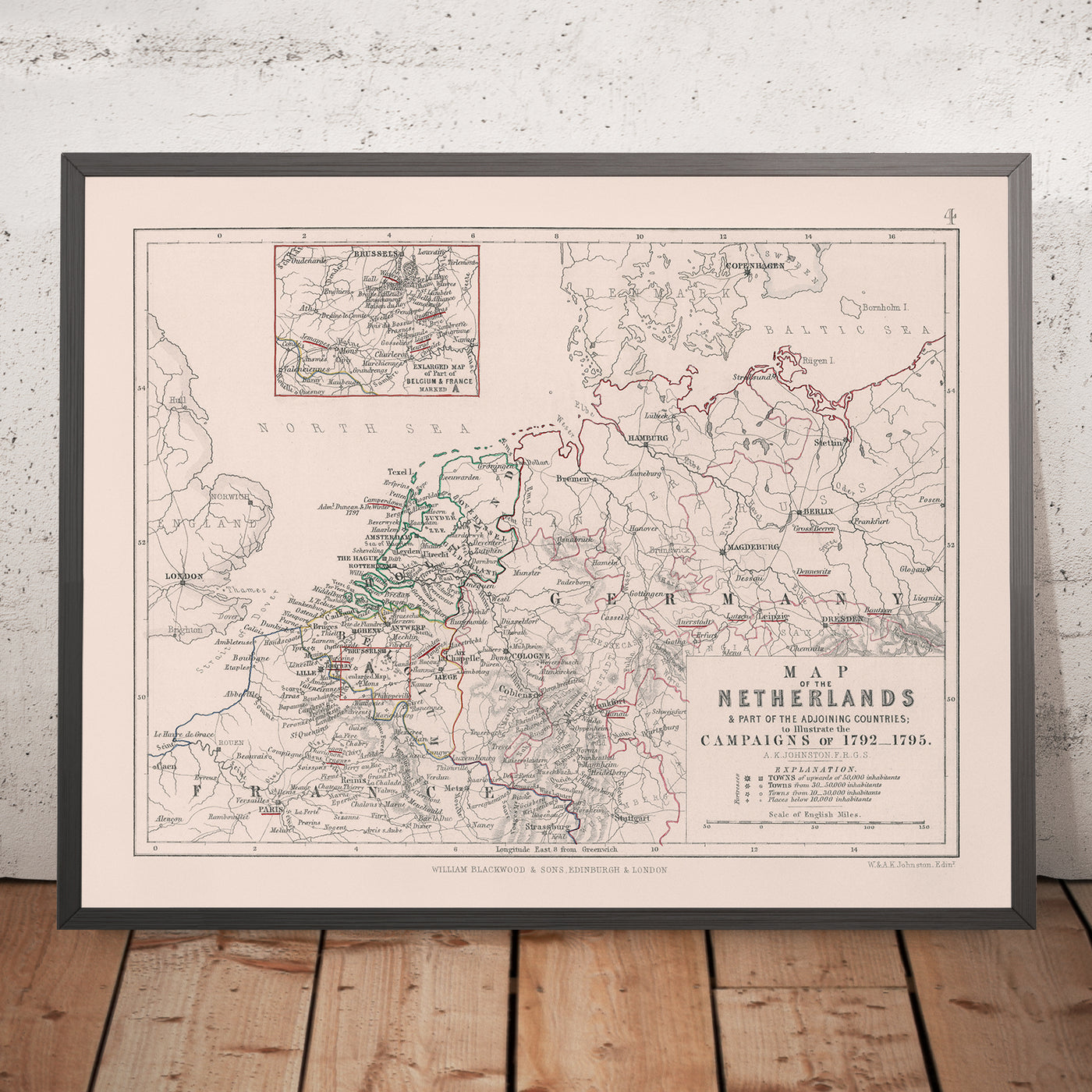 Antiguo mapa militar de las campañas de Napoleón, realizado por Johnston en 1792: Ámsterdam, Bruselas, París, rutas y batallas