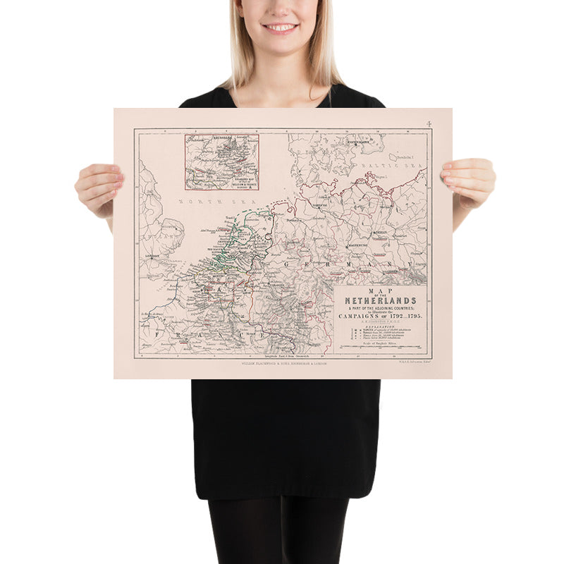 Antiguo mapa militar de las campañas de Napoleón, realizado por Johnston en 1792: Ámsterdam, Bruselas, París, rutas y batallas