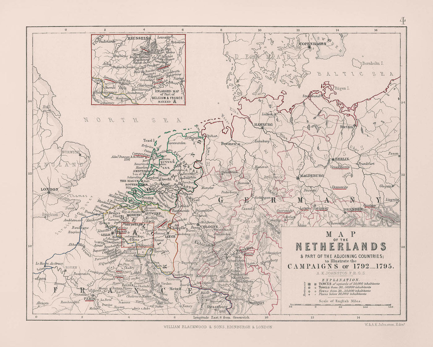 Antiguo mapa militar de las campañas de Napoleón, realizado por Johnston en 1792: Ámsterdam, Bruselas, París, rutas y batallas