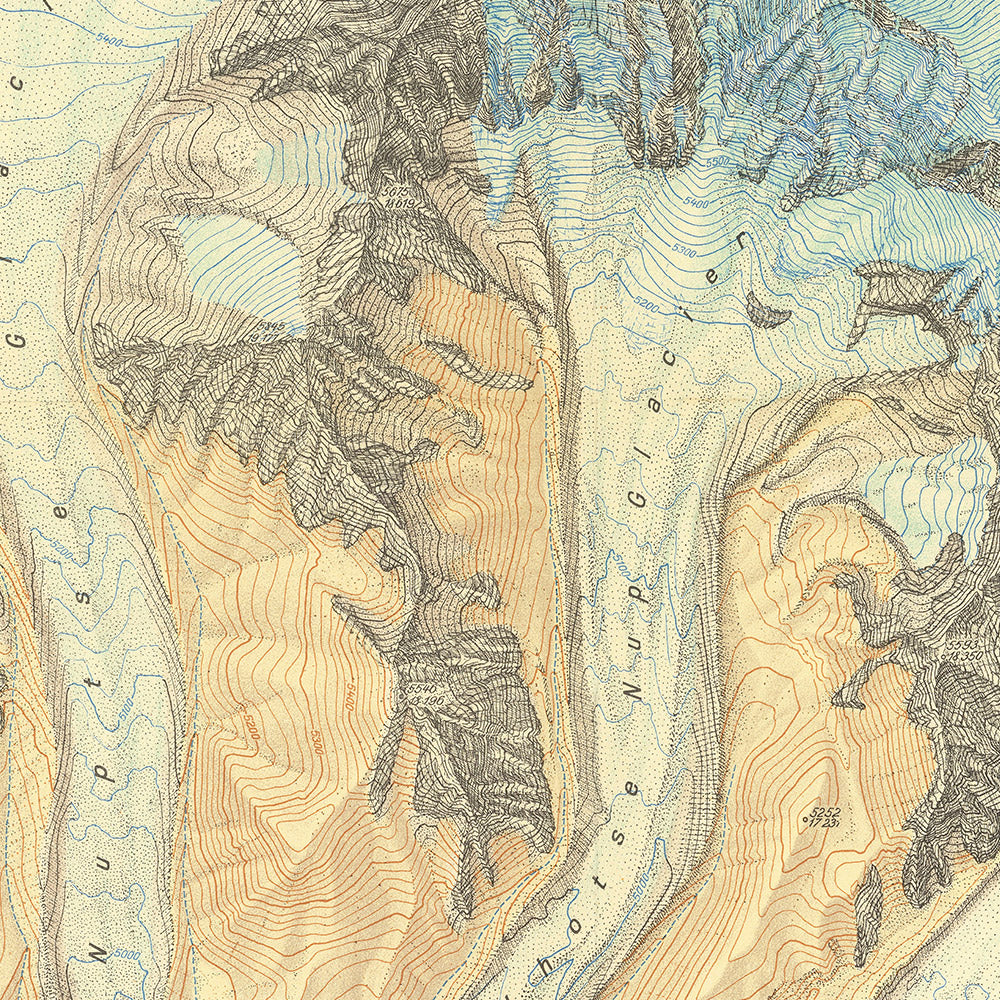 Mapa antiguo de la región del monte Everest de Schneider, 1957: Everest, glaciar Khumbu, Lhotse, Nuptse, Collado Sur