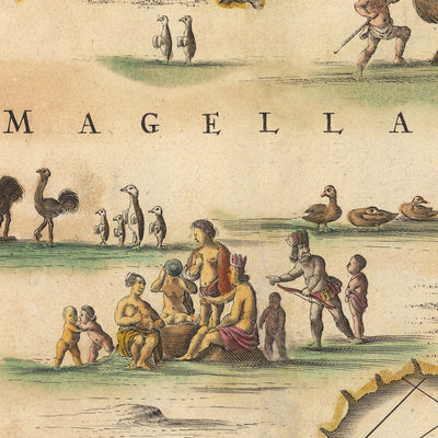 Ancienne carte du détroit de Magellan par Visscher, 1690 : Terre de Feu, Patagonie, Magallanes et Antarctique chilien, Rio Gallegos, île de Riesco