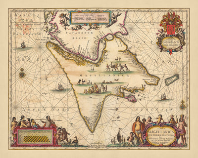 Ancienne carte du détroit de Magellan par Visscher, 1690 : Terre de Feu, Patagonie, Magallanes et Antarctique chilien, Rio Gallegos, île de Riesco