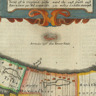 Ancienne carte des Bermudes par vitesse, 1627 : Hamilton, St. George's, Great Sound, Tribus, Compass Rose