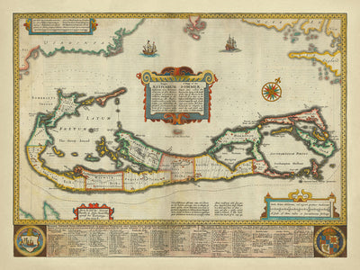 Ancienne carte des Bermudes par vitesse, 1627 : Hamilton, St. George's, Great Sound, Tribus, Compass Rose