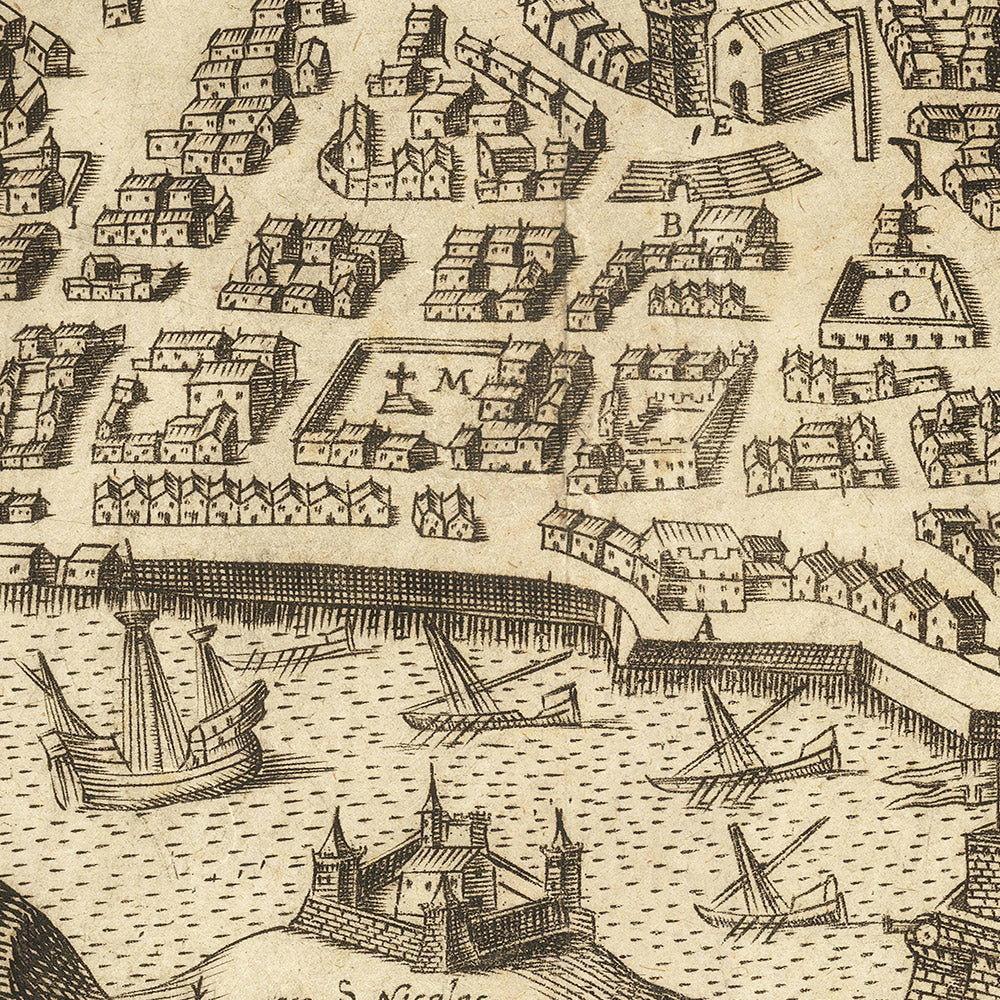 Mapa antiguo de Marsella a vista de pájaro, realizado por Orlandi en 1580: Notre Dame, La Major, S. Laurent, Port, Arsenal