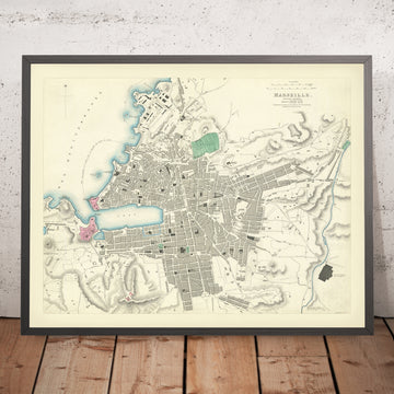 Mapa antiguo de Marsella, 1870: Vieux-Port, Fort Saint-Jean, Fort Saint-Nicolas, Palais Longchamp, Parc Borély