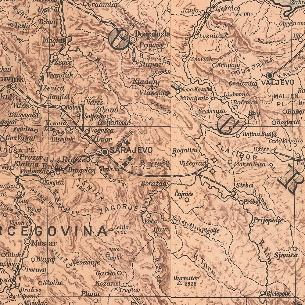 Ancienne carte ethnographique de la Yougoslavie par Kolin, 1917 : Belgrade, Zagreb, mer Adriatique, forteresses, chemins de fer
