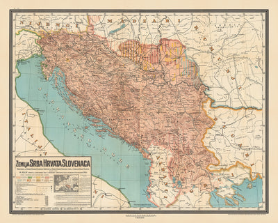 Ancienne carte ethnographique de la Yougoslavie par Kolin, 1917 : Belgrade, Zagreb, mer Adriatique, forteresses, chemins de fer