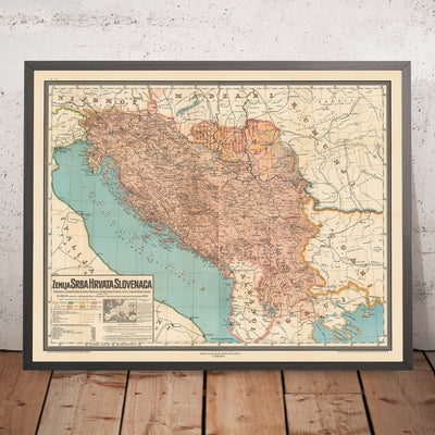 Antiguo mapa etnográfico de Yugoslavia por Kolin, 1917: Belgrado, Zagreb, mar Adriático, fortalezas, ferrocarriles