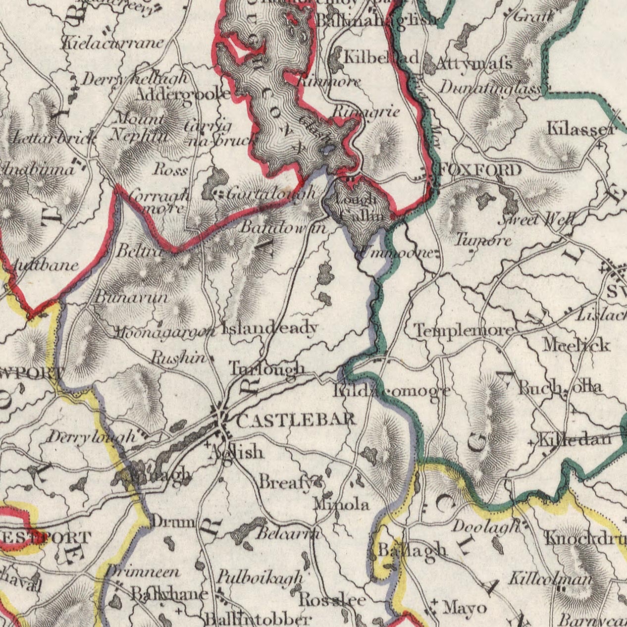 Old Map of County Mayo by Samuel Lewis, 1844: Westport, Ballina, Castlebar, Achill Island, Clew Bay