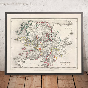 Alte Karte des County Mayo von Samuel Lewis, 1844: Westport, Ballina, Castlebar, Achill Island, Clew Bay 