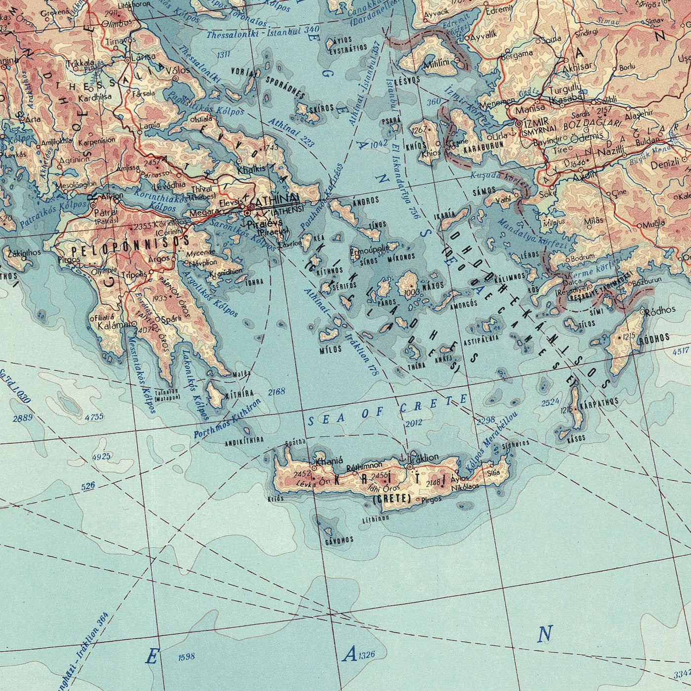 Ancienne carte du monde de la mer Méditerranée et des pays, 1967 : De Gibraltar à Israël 