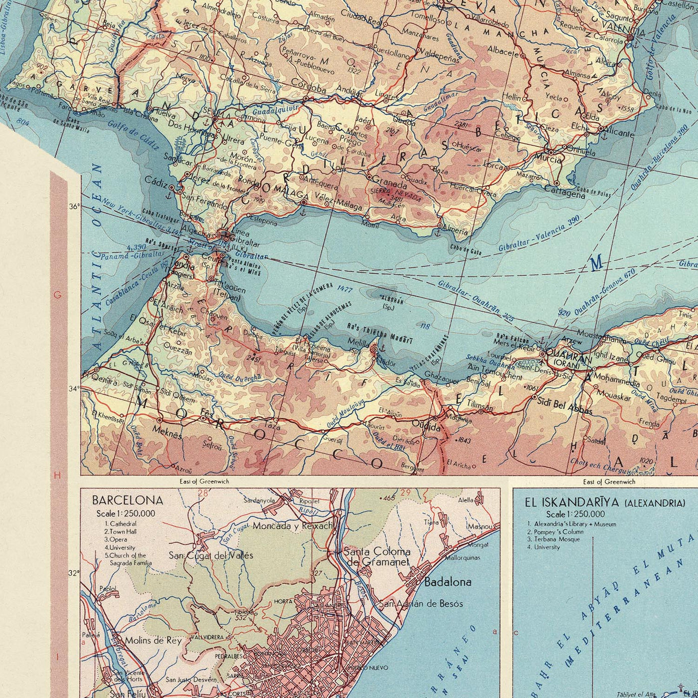 Ancienne carte du monde de la mer Méditerranée et des pays, 1967 : De Gibraltar à Israël 