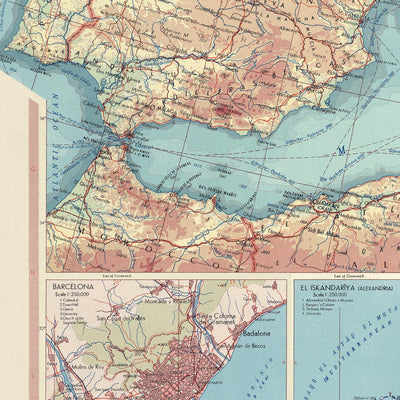 Ancienne carte du monde de la mer Méditerranée et des pays, 1967 : De Gibraltar à Israël 