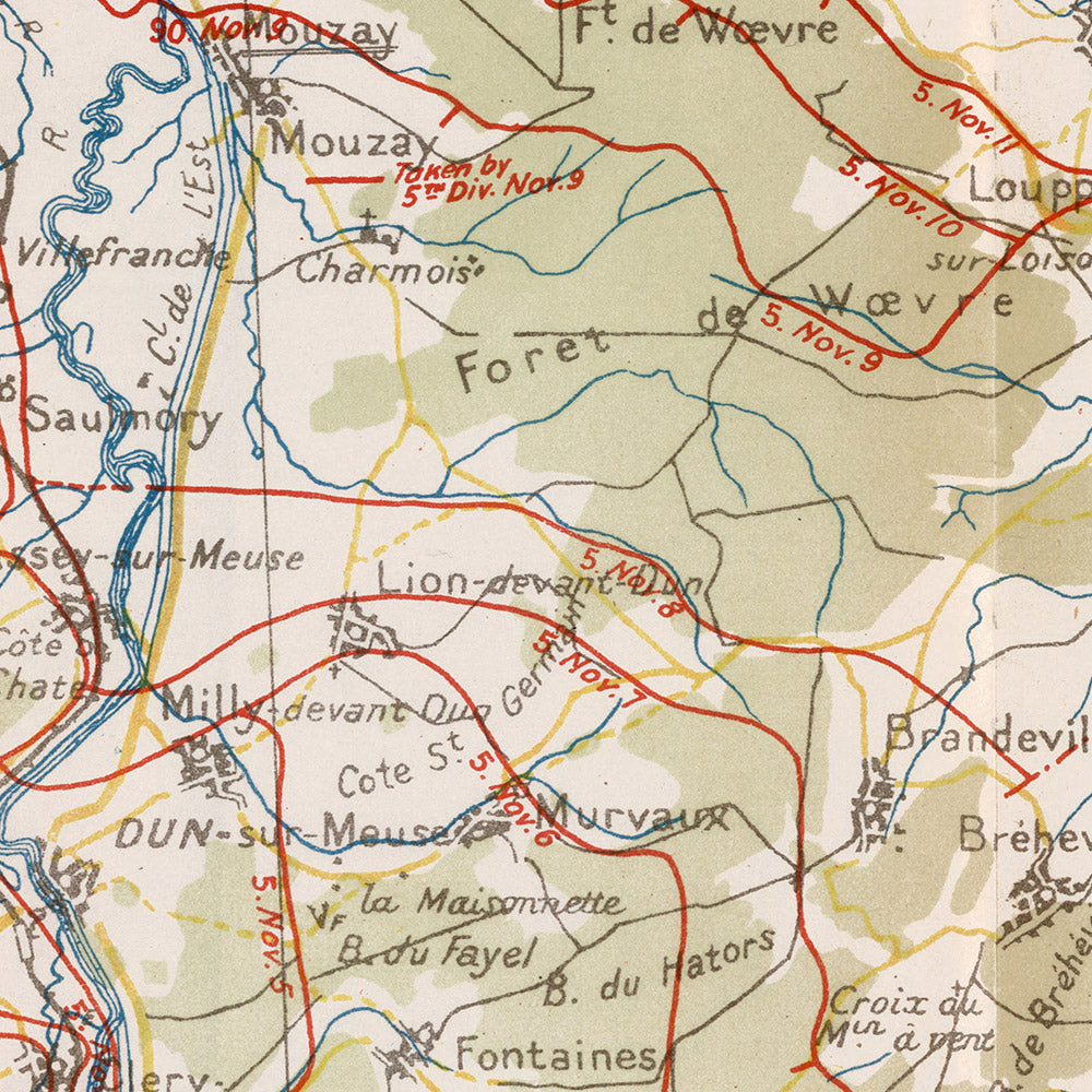 Alte Militärkarte der Maas-Argonnen-Offensive von Pershing, 1918: Verdun, Montfaucon, Sedan, Romagne, Cunel