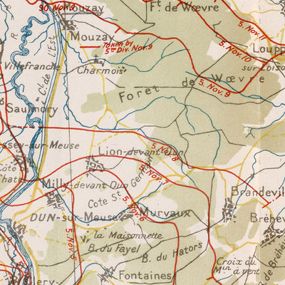 Alte Militärkarte der Maas-Argonnen-Offensive von Pershing, 1918: Verdun, Montfaucon, Sedan, Romagne, Cunel