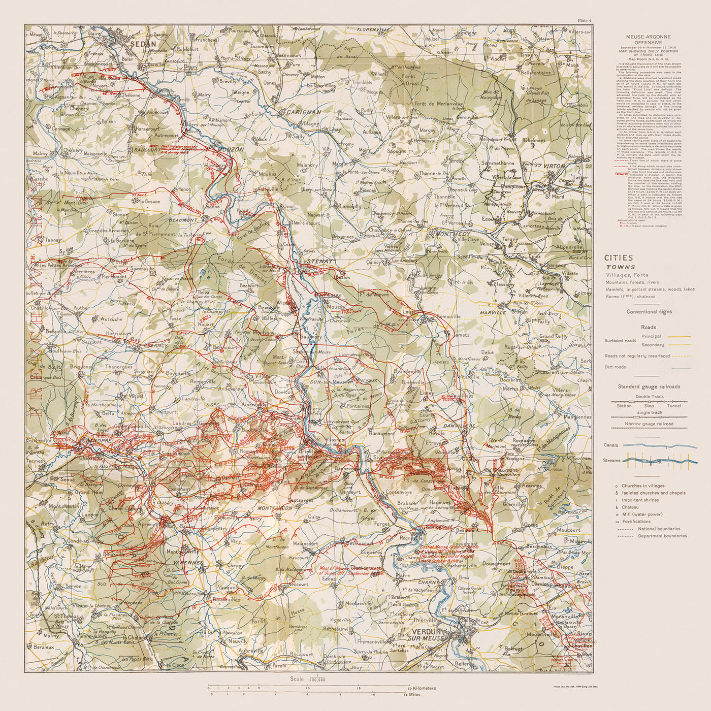 Antiguo mapa militar de la ofensiva de Meuse-Argonne de Pershing, 1918: Verdún, Montfaucon, Sedán, Romaña, Cunel