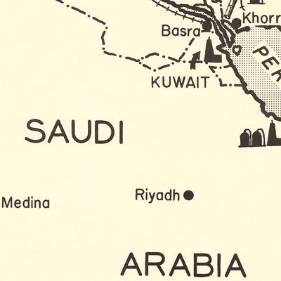 Ancienne carte infographique de l'industrie pétrolière du Moyen-Orient par Padelford, 1950 : champs de pétrole, pipelines, chemins de fer