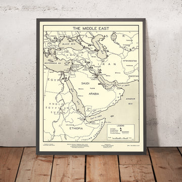 Alte Karte der Ölindustrie im Nahen Osten von Padelford, 1950: Ölfelder, Pipelines, Eisenbahnen, Saudi-Arabien, Iran, VAE 