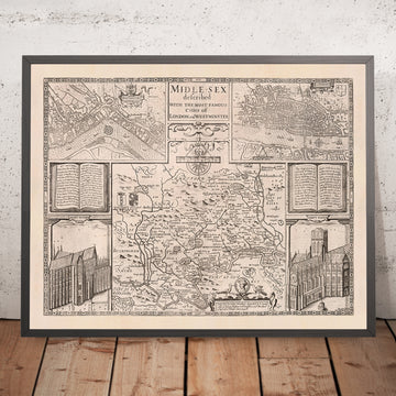 Antica mappa del Middlesex di John Speed, 1676: Londra, Westminster, Highgate, Harrow, Brentford e Uxbridge 