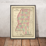 Alte Karte von Mississippi von J.H. Colton, 1855: Jackson, Vicksburg, Natchez, Columbus und Meridian 