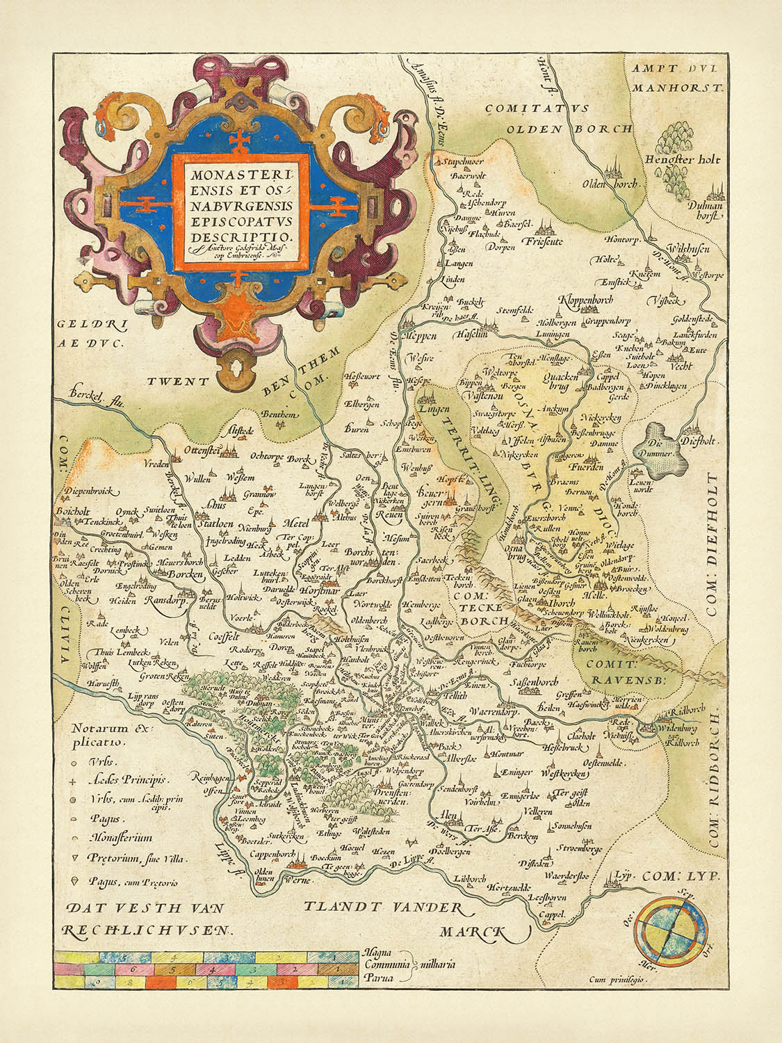 Alte Karte von Nordrhein-Westfalen und Niedersachsen von Ortelius, 1587: Münster, Osnabrück, Lippe, Wälder, verzierte Kartusche