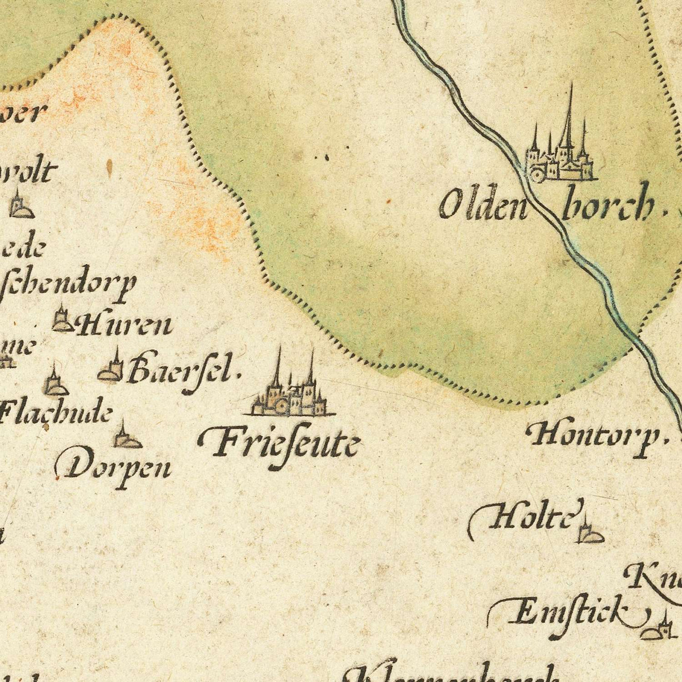 Old Map of North Rhine-Westphalia and Lower Saxony by Ortelius, 1587: Münster, Osnabrück, Lippe River, Forests