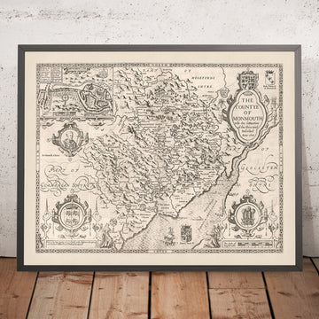 Carte ancienne du Monmouthshire par Speed, 1610 : Monmouth, Abergavenny, Chepstow, Newport, Usk