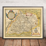 Antigua mapa de Moravia, Chequia por Ortelius, 1608: Brno, Olomouc, ríos, montañas, ciudades fortificadas 