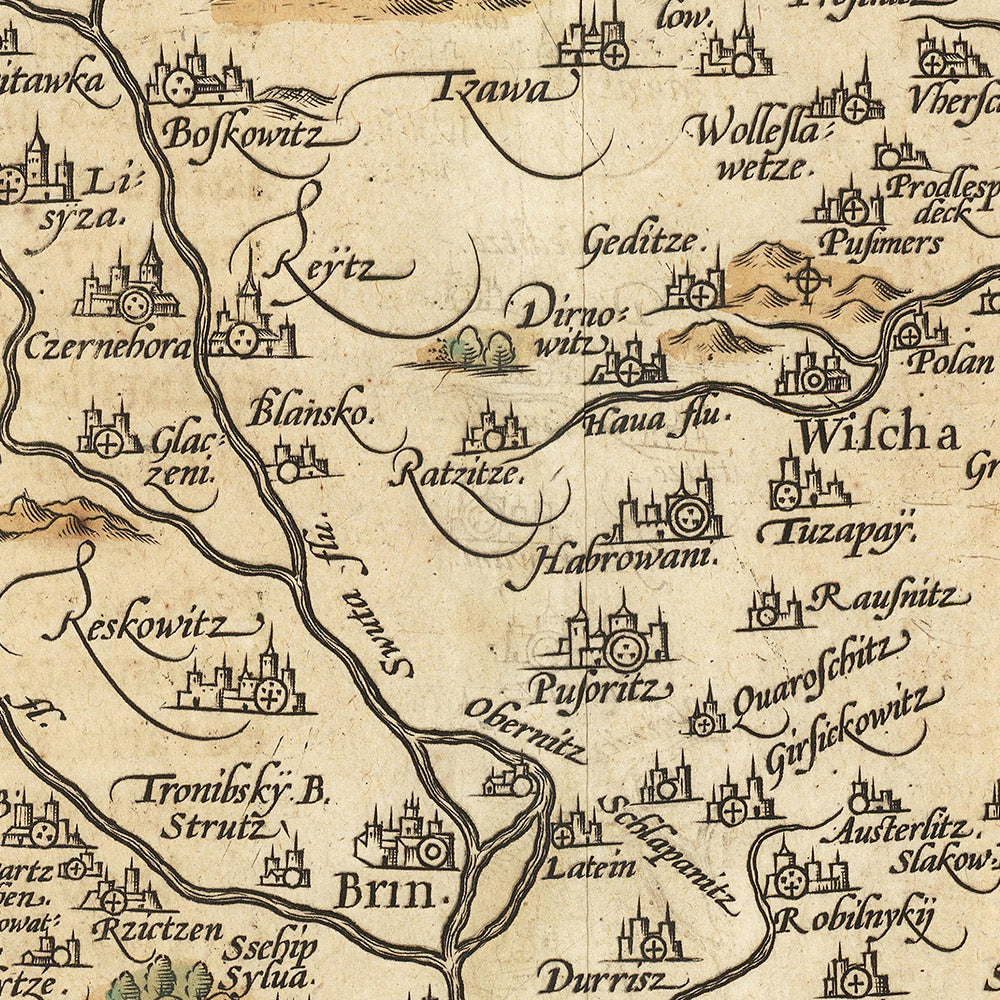 Mapa antiguo de Moravia de Ortelius, 1608: Brno, Olomouc, ríos, montañas, ciudades fortificadas