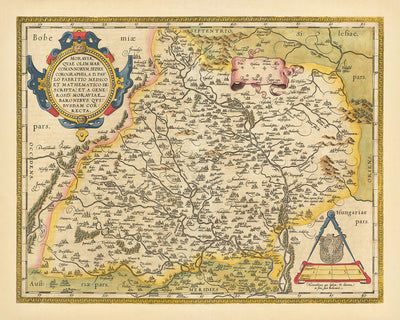 Alte Karte von Mähren von Ortelius, 1608: Brünn, Olmütz, Flüsse, Berge, befestigte Städte