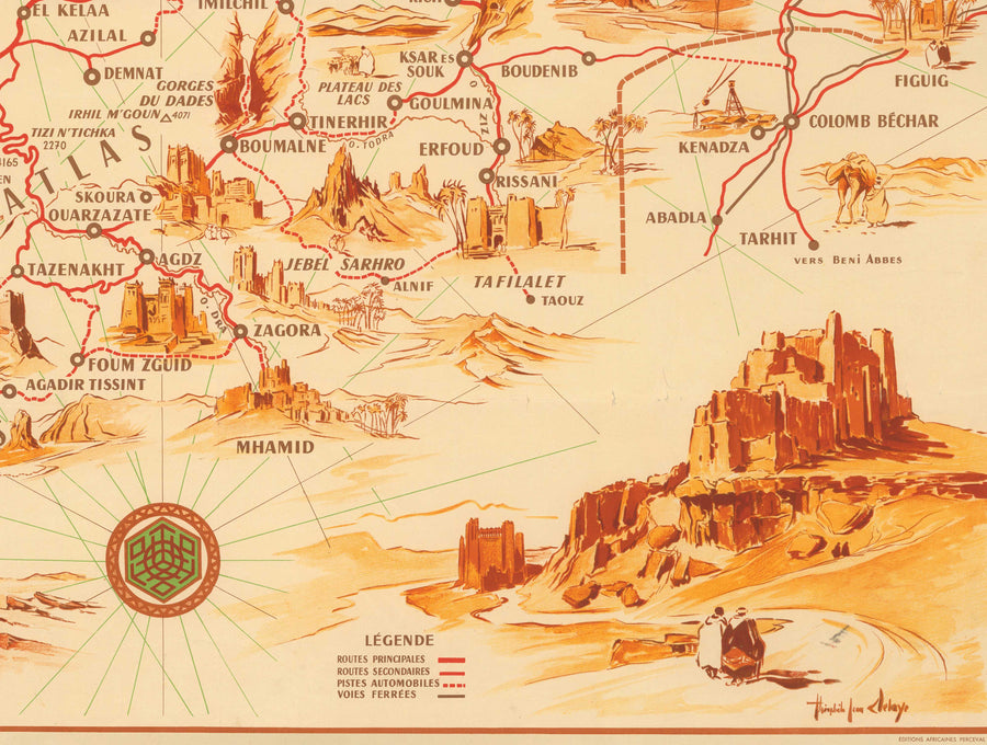 Mappa antica del Marocco di Theophile-Jean Delaye nel 1950 - Casablanca, Rabat, Fes, Marrakech, Tangeri 