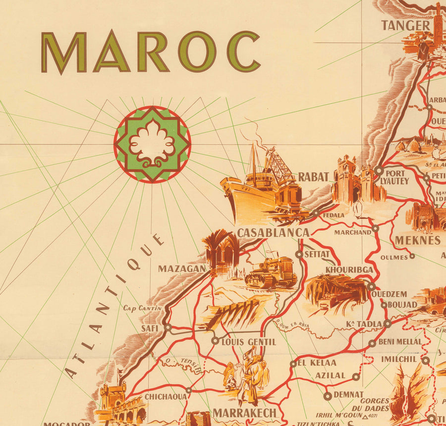 Mappa antica del Marocco di Theophile-Jean Delaye nel 1950 - Casablanca, Rabat, Fes, Marrakech, Tangeri 