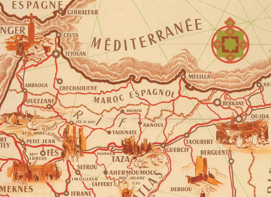 Mappa antica del Marocco di Theophile-Jean Delaye nel 1950 - Casablanca, Rabat, Fes, Marrakech, Tangeri 