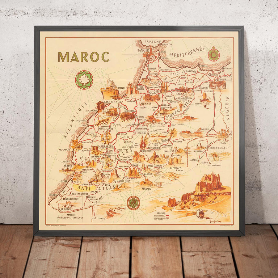 Mappa antica del Marocco di Theophile-Jean Delaye nel 1950 - Casablanca, Rabat, Fes, Marrakech, Tangeri 