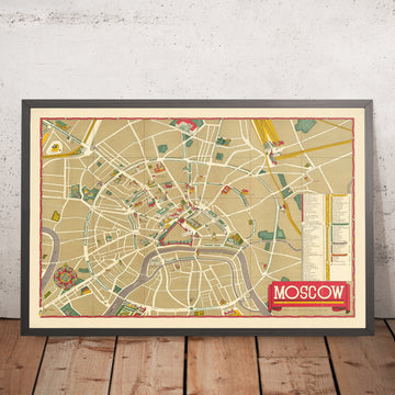 Mappa turistica antica di Mosca di Getmanski, 1955: Cremlino, Piazza Rossa, Teatro Bolshoi, Cattedrale di San Basilio, Mausoleo di Lenin 