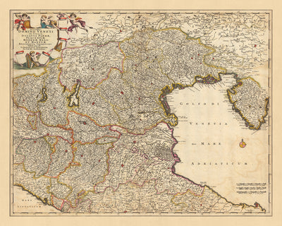 Antiguo mapa del dominio veneciano de Visscher, 1690: Bolonia, Florencia, Venecia, San Marino, Parco Alto Garda Bresciano