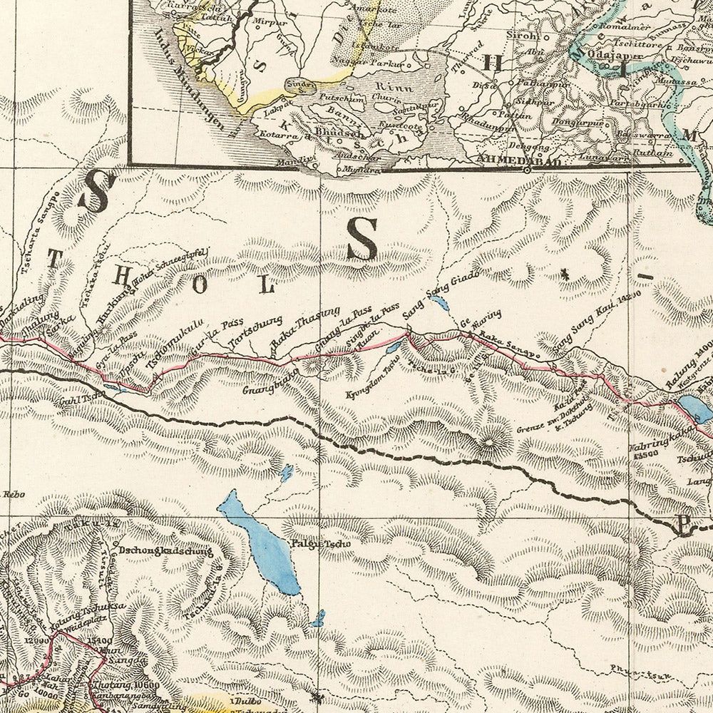 Alte Karte des Himalaya von Petermann, 1868: Everest, K2, Sikkim, Bhutan, Tibet