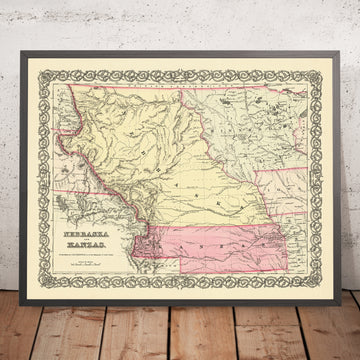 Alte Karte von Nebraska & Kansas von Colton, 1856: Omaha, Bellevue, Nebraska City, Leavenworth, Lawrence 