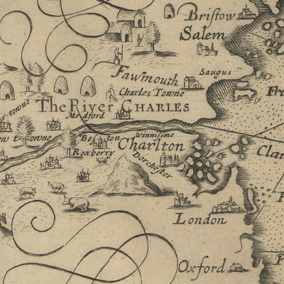 First Map of New England by John Smith, 1616: Boston, Plymouth, Cape Ann, Ornate Baroque Design