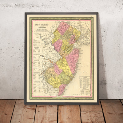Ancienne carte du New Jersey par Tanner, 1847 : Garden State, New York, Philadelphie, Trenton, Princeton et Camden