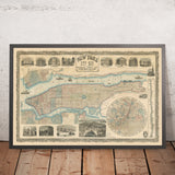 Mapa antiguo raro y grande de la ciudad de Nueva York por Phelps, 1857: Central Park, río Hudson, ilustraciones antiguas 