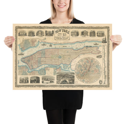 Ancienne carte de la ville de New York par Phelps, 1857 : Central Park, The Battery, Ellis Island, Hudson River, création de Central Park